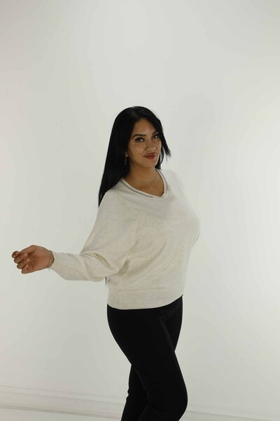 V Yaka Uzun Kol Simli Triko Ekru- 31029 | KAZEE - 2