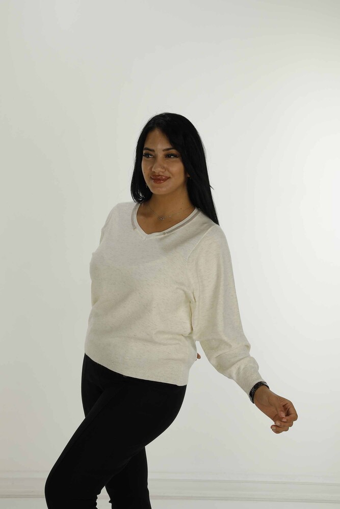 V Yaka Uzun Kol Simli Triko Ekru- 31029 | KAZEE - 3