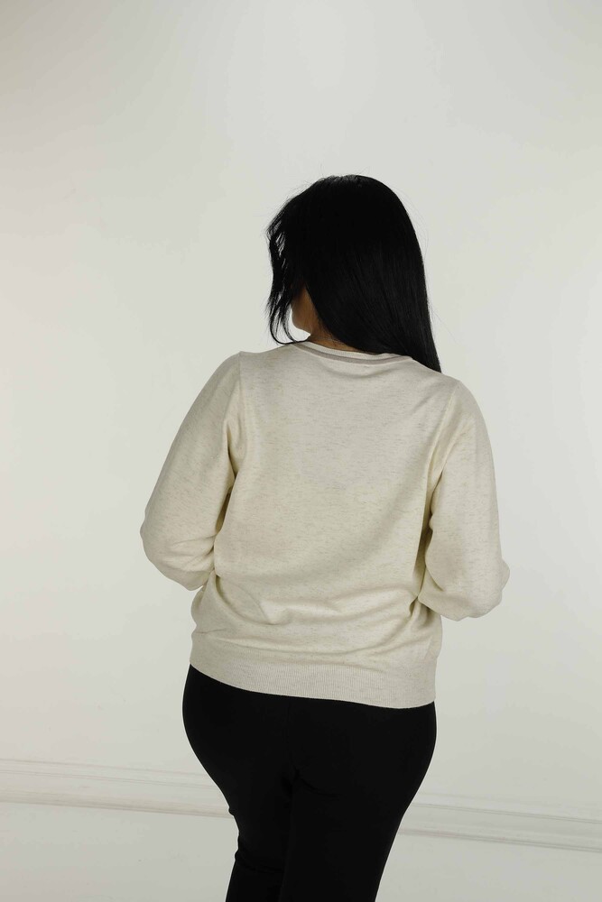 V Yaka Uzun Kol Simli Triko Ekru- 31029 | KAZEE - 5