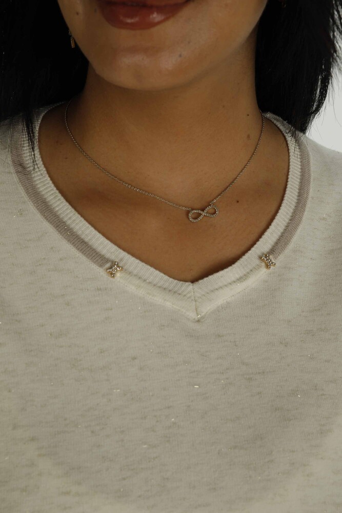 V Yaka Uzun Kol Simli Triko Ekru- 31029 | KAZEE - 4