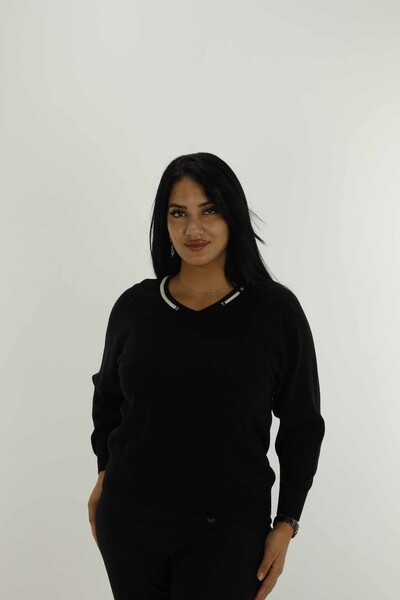 V Yaka Uzun Kol Simli Triko Siyah- 31029 | KAZEE 