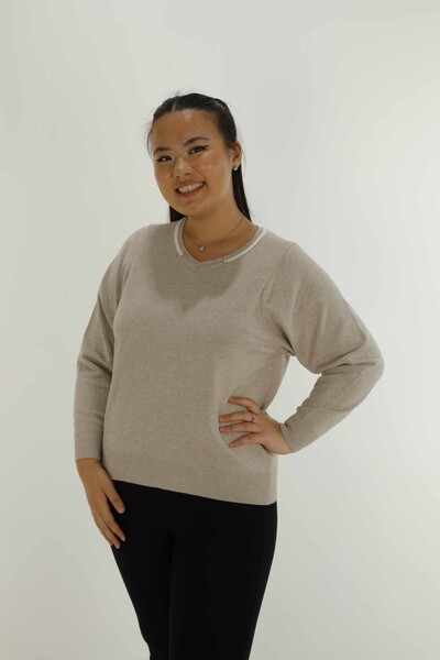 V Yaka Uzun Kol Simli Triko Vizon- 31029 | KAZEE 