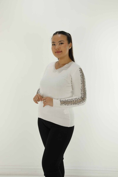 V Yaka Uzun Kol Taşlı Triko Ekru- 30573 | KAZEE 