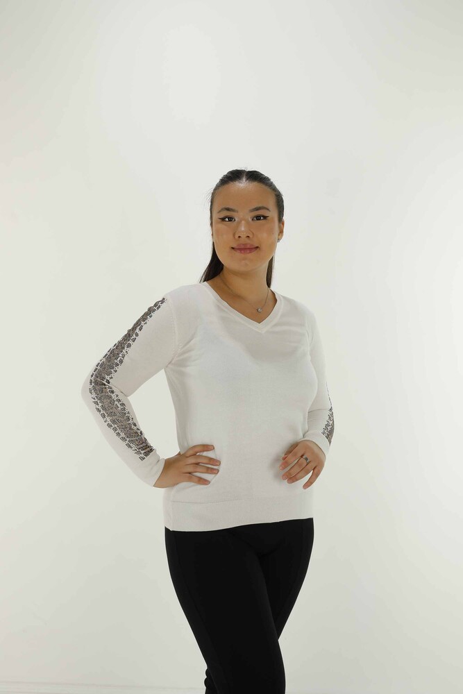 V Yaka Uzun Kol Taşlı Triko Ekru- 30573 | KAZEE - 2
