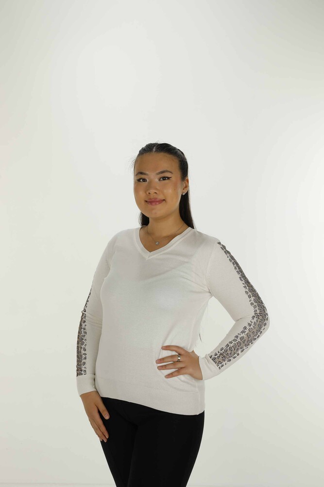 V Yaka Uzun Kol Taşlı Triko Ekru- 30573 | KAZEE - 3
