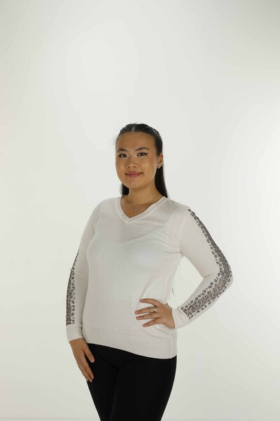 V Yaka Uzun Kol Taşlı Triko Ekru- 30573 | KAZEE - 3