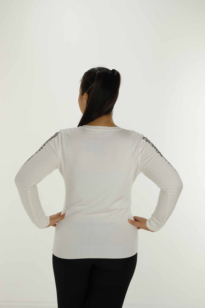 V Yaka Uzun Kol Taşlı Triko Ekru- 30573 | KAZEE - 7