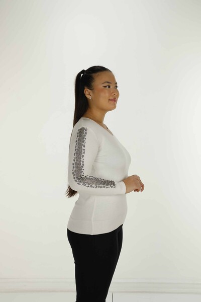 V Yaka Uzun Kol Taşlı Triko Ekru- 30573 | KAZEE - 4