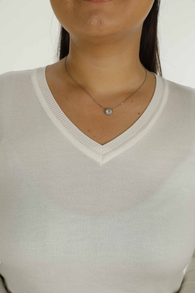 V Yaka Uzun Kol Taşlı Triko Ekru- 30573 | KAZEE - 5