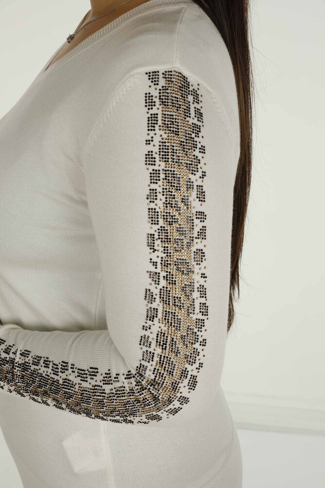 V Yaka Uzun Kol Taşlı Triko Ekru- 30573 | KAZEE - 6
