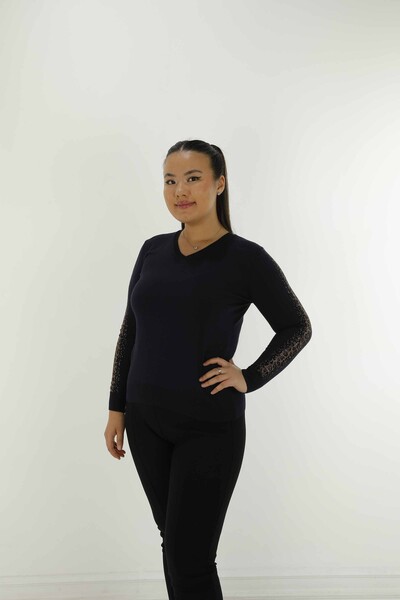 V Yaka Uzun Kol Taşlı Triko Lacivert- 30573 | KAZEE 