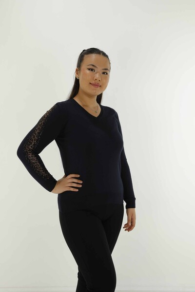 V Yaka Uzun Kol Taşlı Triko Lacivert- 30573 | KAZEE - 2