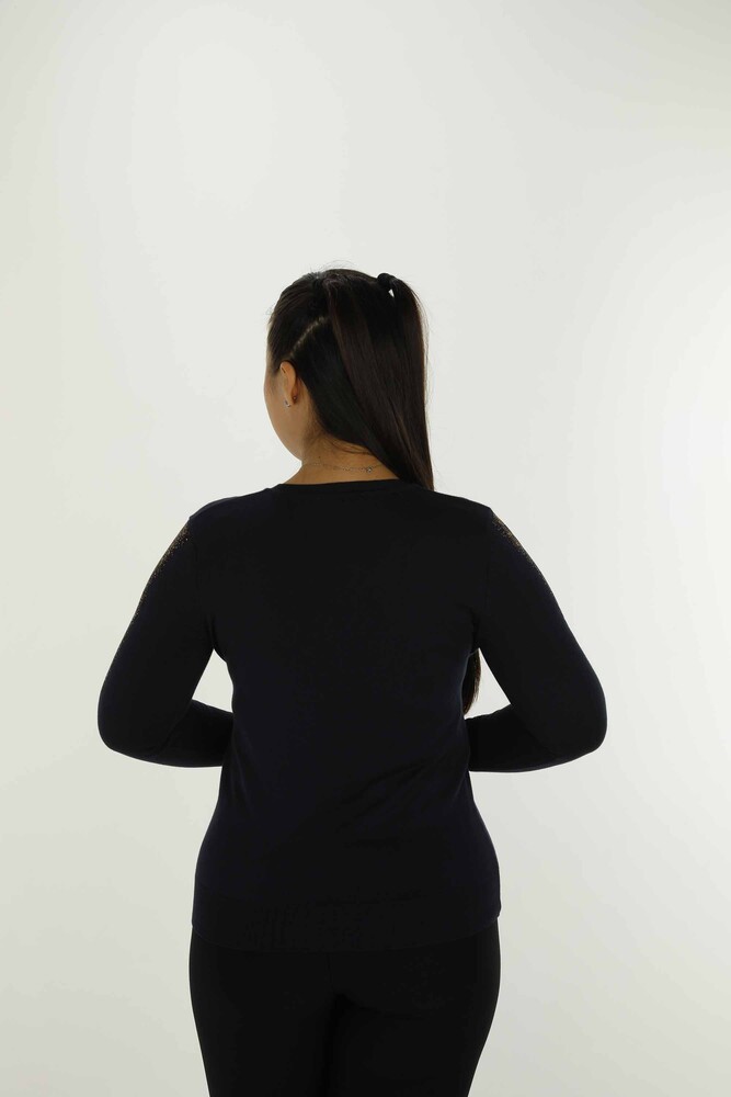 V Yaka Uzun Kol Taşlı Triko Lacivert- 30573 | KAZEE - 4