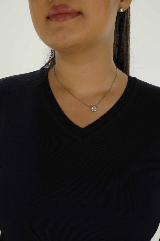 V Yaka Uzun Kol Taşlı Triko Lacivert- 30573 | KAZEE - 3