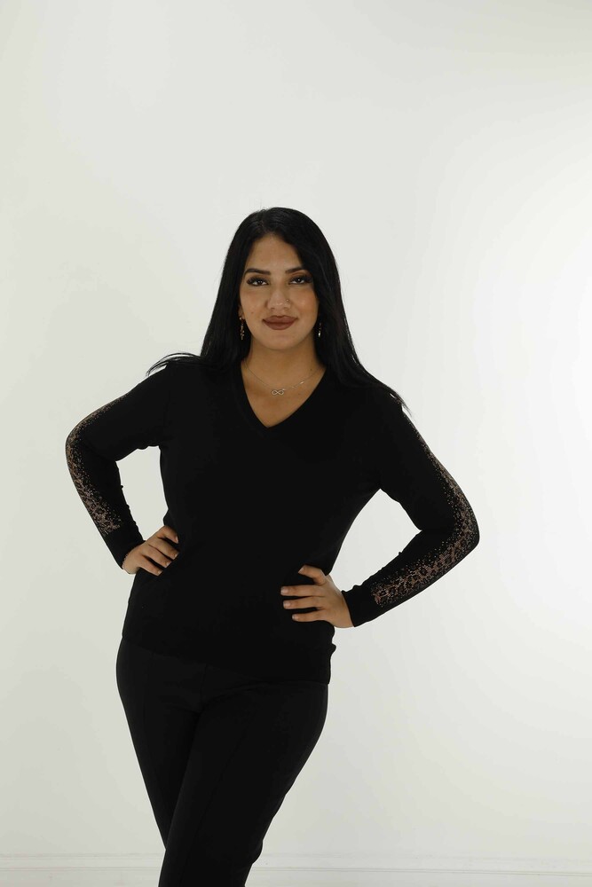 V Yaka Uzun Kol Taşlı Triko Siyah- 30573 | KAZEE - 1