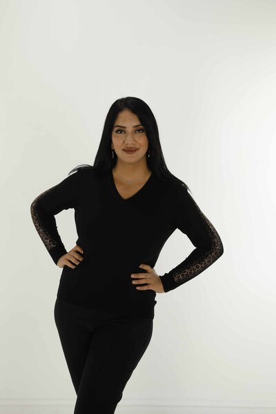 V Yaka Uzun Kol Taşlı Triko Siyah- 30573 | KAZEE 