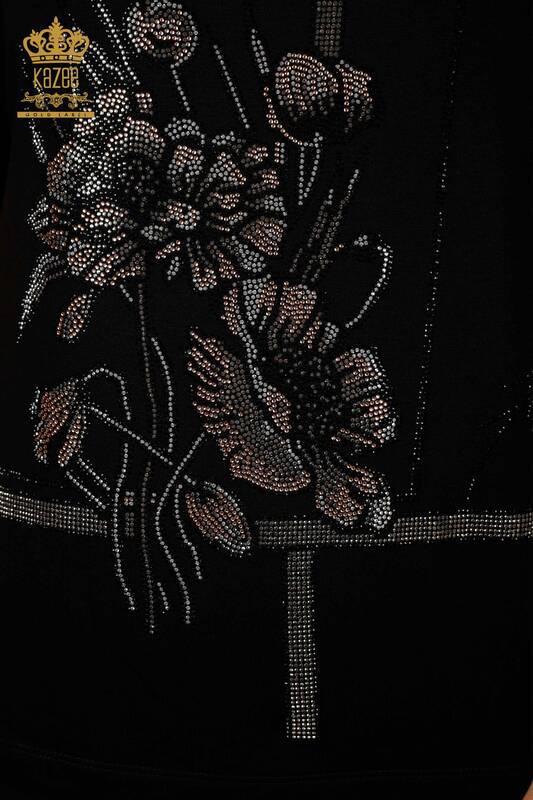 Camicetta da donna all'ingrosso motivo floreale nera - 79306 | KAZEE