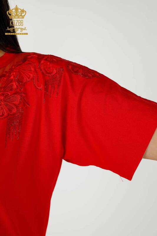 Camicetta da donna all'ingrosso motivo floreale rosso - 79081 | KAZEE