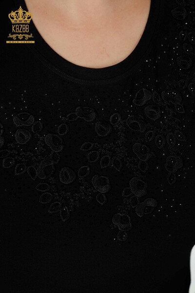 Camicetta da donna all'ingrosso motivo floreale nera - 79010 | KAZEE - Thumbnail