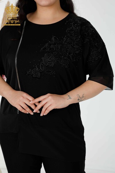 Camicetta da donna all'ingrosso motivo floreale nera - 79031 | KAZEE - Thumbnail