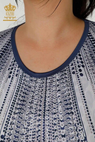 Blusa da donna all'ingrosso Stampa digitale Navy - 77804 | KAZEE - Thumbnail
