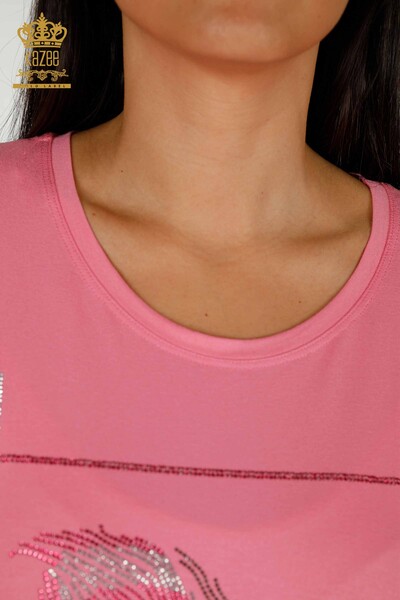 Camicetta da donna all'ingrosso con motivo a foglia rosa - 78878 | KAZEE - Thumbnail