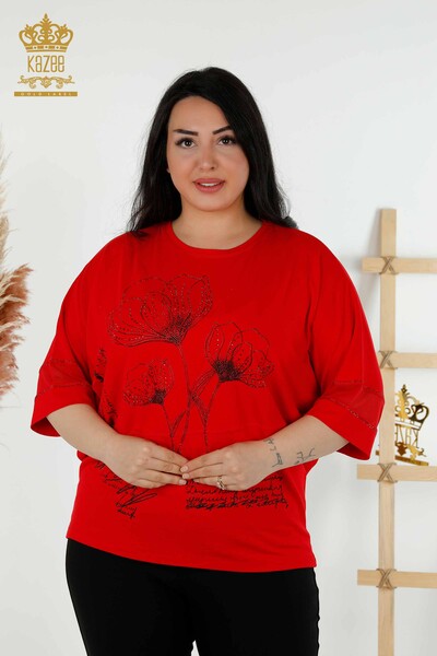 Camicetta da donna all'ingrosso motivo floreale rosso - 79059 | KAZEE - Thumbnail