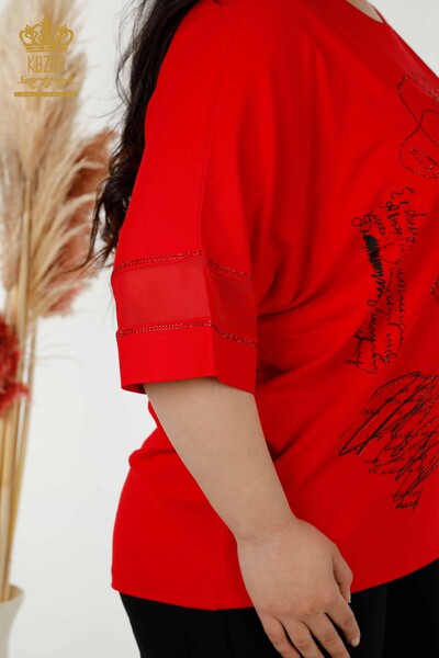 Camicetta da donna all'ingrosso motivo floreale rosso - 79059 | KAZEE - Thumbnail