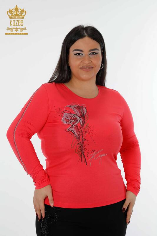Commercio all'ingrosso camicetta da donna girocollo manica striscia pietra modello rosa - 79023 | KAZEE