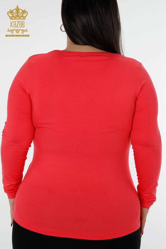 Commercio all'ingrosso camicetta da donna girocollo manica striscia pietra modello rosa - 79023 | KAZEE