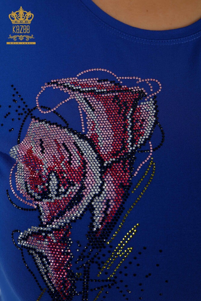 Commercio all'ingrosso camicetta da donna girocollo manica striscia pietra modello rosa - 79023 | KAZEE - 4