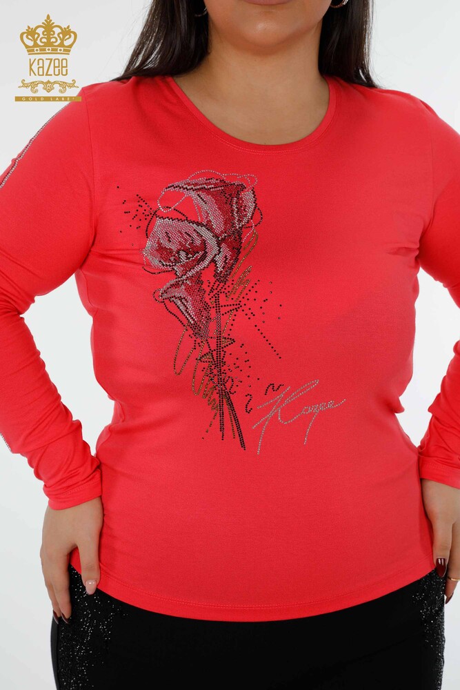 Commercio all'ingrosso camicetta da donna girocollo manica striscia pietra modello rosa - 79023 | KAZEE - 25