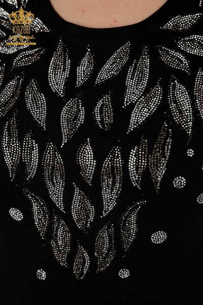 Camicetta da donna all'ingrosso con motivo a foglie nere - 79053 | KAZEE - Thumbnail