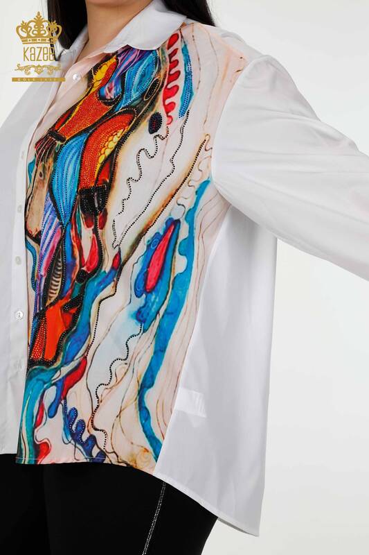 Camicia da donna all'ingrosso - Modellato colorata bianca - 20224 | KAZEE