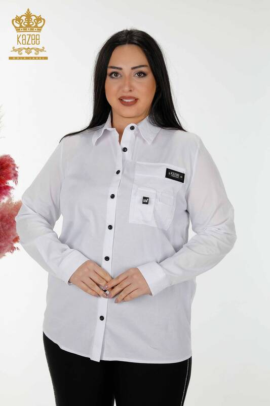 Commercio all'ingrosso Camicia da donna Tasca dettagliata Bianco - 20325 | KAZEE