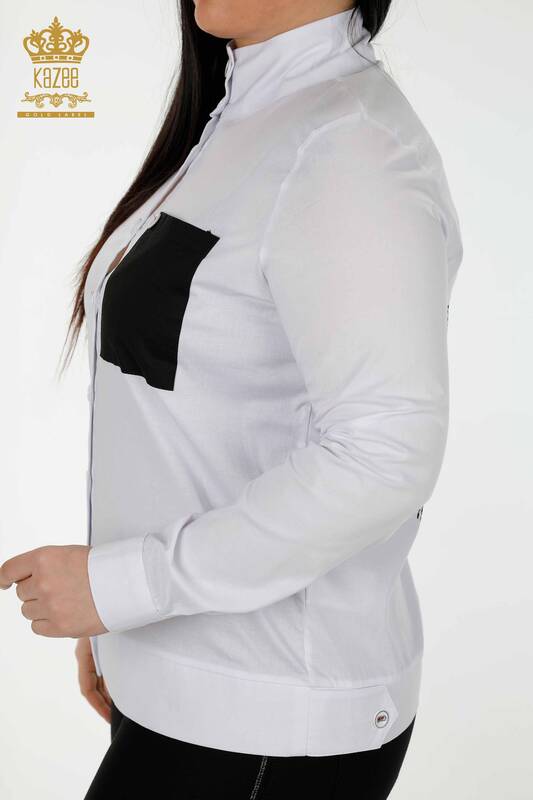Camicia da donna all'ingrosso - tasca dettagliata - bianco nero - 20309 | KAZEE