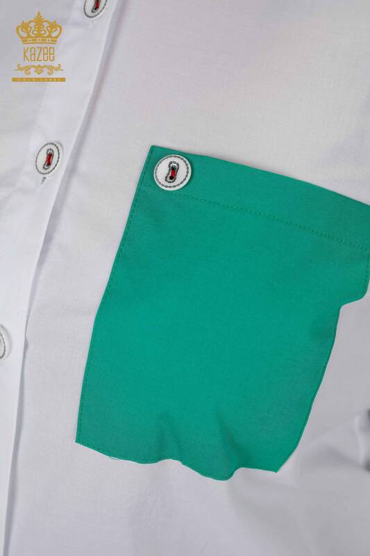 Camicia da donna all'ingrosso tasca dettagliata bianco verde - 20309 | KAZEE