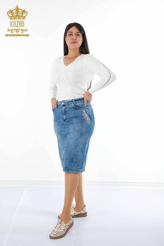 All'ingrosso Gonna jeans da donna - Cristallo Pietra ricamata - Tasche dettagliate - 4179 | KAZEE