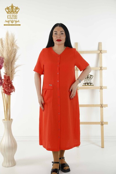 Bottone all'ingrosso del vestito delle donne dettagliato arancione - 20383 | KAZEE - Thumbnail