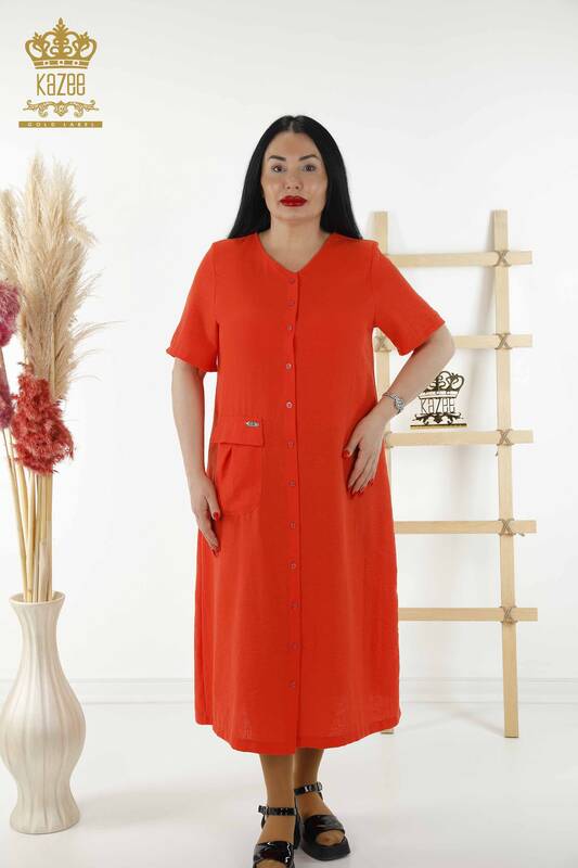 Bottone all'ingrosso del vestito delle donne dettagliato arancione - 20383 | KAZEE