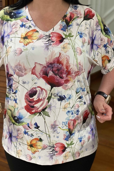 Venta al por mayor Blusa de Mujer con Cuello en V Estampado de Flores - 77418 | kazee - Thumbnail