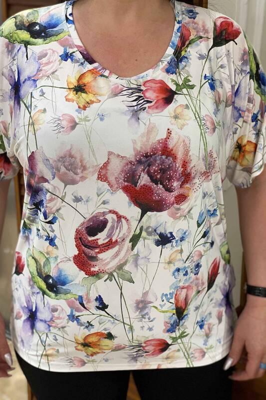 Venta al por mayor Blusa de Mujer con Estampado de Flores Bordadas en Piedra - 77523 | kazee