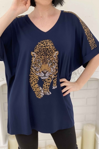 Venta al por mayor Blusa de Mujer Tigre Impreso Piedra Detallada - 77603 | kazee - Thumbnail