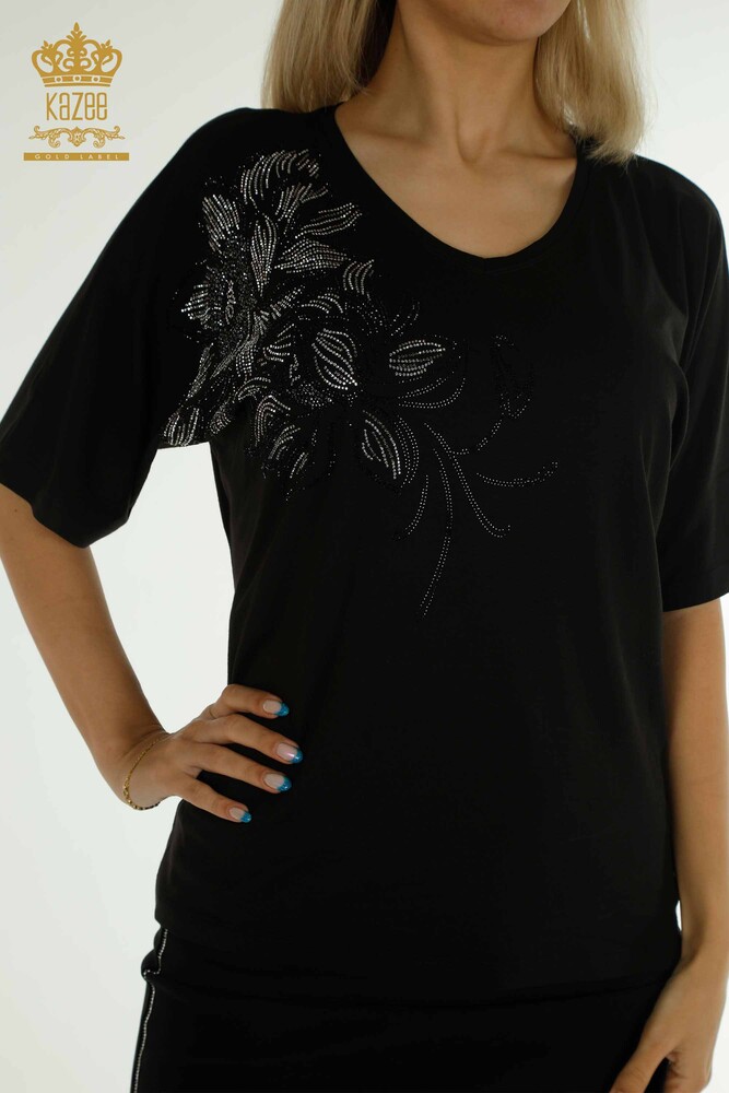 Venta al por mayor Blusa de mujer con cuello en V Negro - 79341 | KAZEE - 3