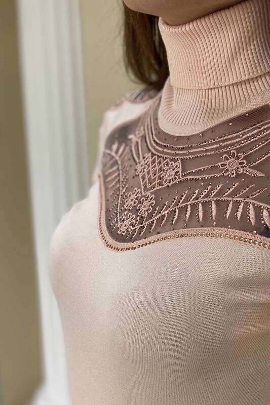 Venta al por mayor de prendas de punto de mujer de cuello alto transparentes detalladas - 15263 | kazee
