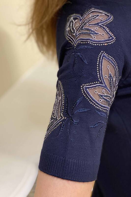 Venta al por mayor de prendas de punto de tul para mujer con detalles bordados de manga corta - 15762 | kazee
