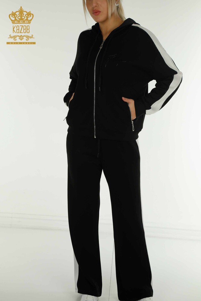 Venta al por mayor Conjunto de Chándal de Mujer Bicolor con Capucha Negro Crudo - 17554 | KAZEE - 3