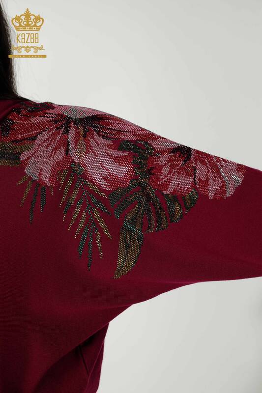 Venta al por mayor Suéter de punto para mujer con detalles florales en los hombros púrpura - 16133 | kazee