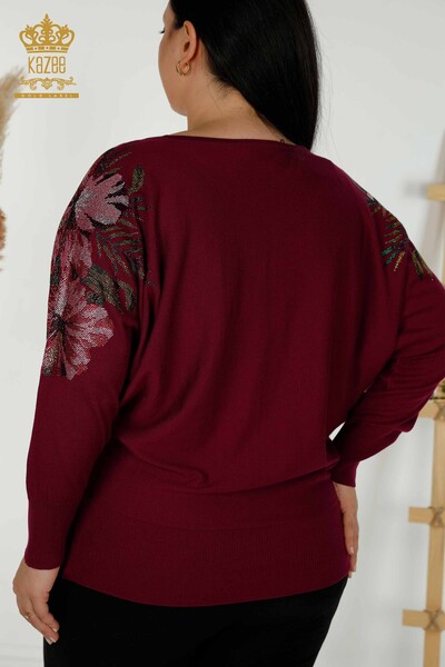 Venta al por mayor Suéter de punto para mujer con detalles florales en los hombros púrpura - 16133 | kazee - Thumbnail