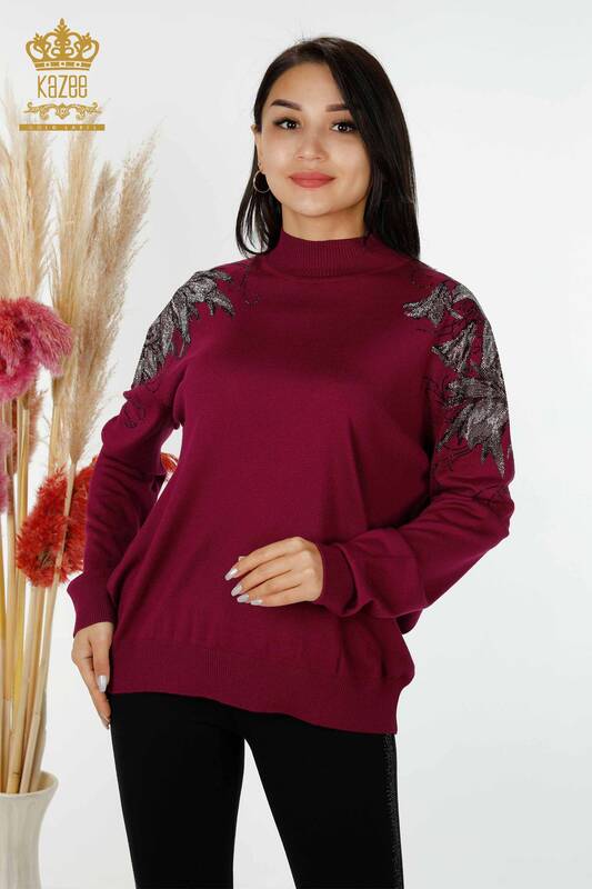 Venta al por mayor Suéter de punto para mujer con detalles florales en los hombros púrpura - 16597 | kazee